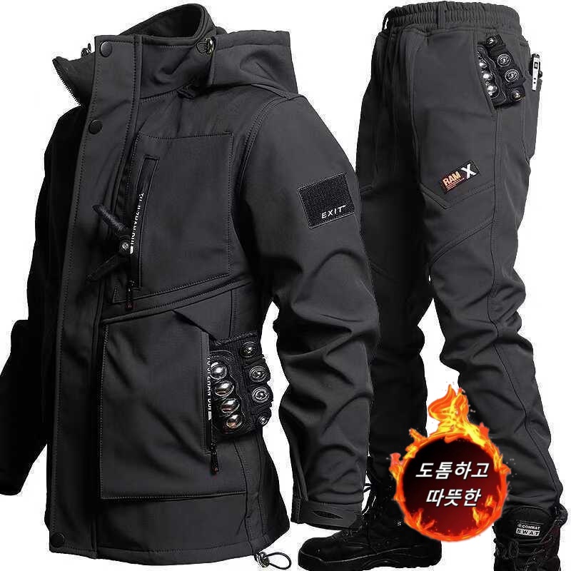 Gradle남자 겨울 방한 작업복 세트 방수 털 스티치 운동복 정비복 아웃도어 바람막이 전술 자켓+기모 트레이닝 바지 상하복세트