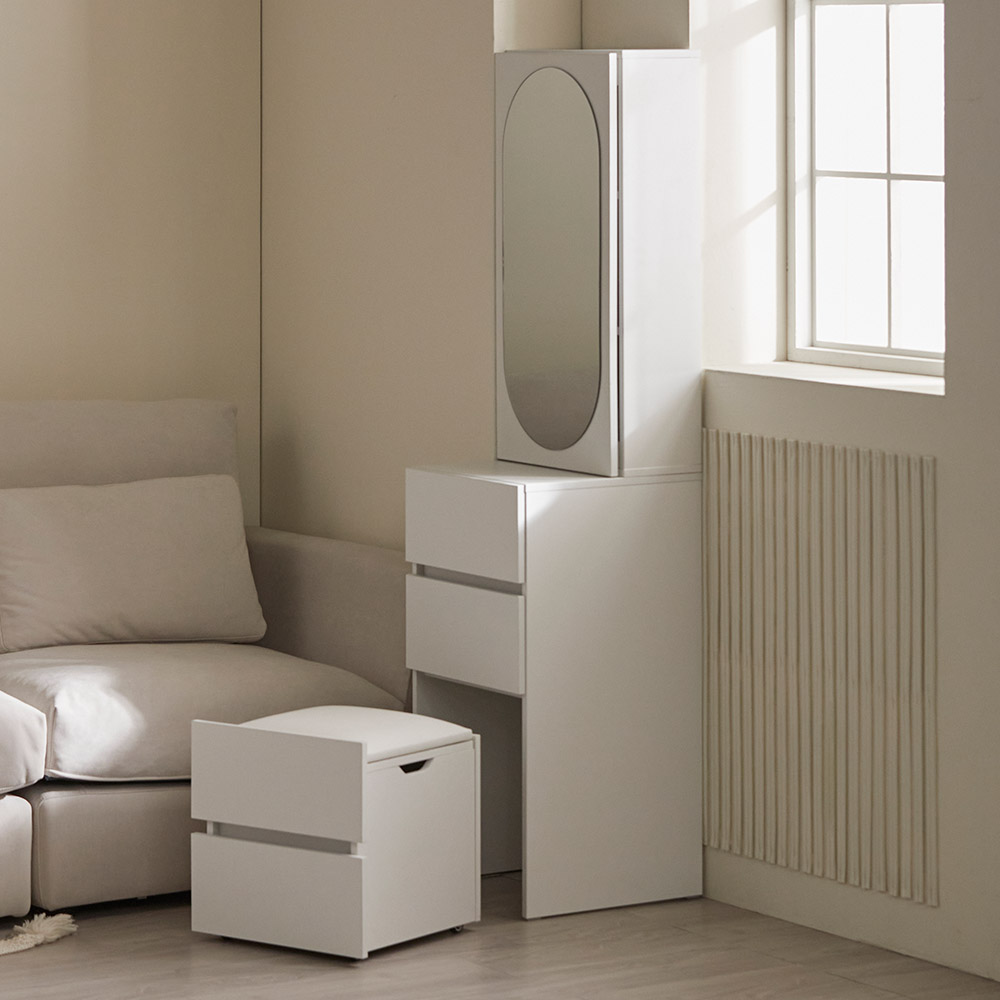 [공간활용 G.O.A.T] 파로마 코니2 라운드 거울 틈새수납장 틈새화장대 스툴세트, 옵션선택:02A 화이트