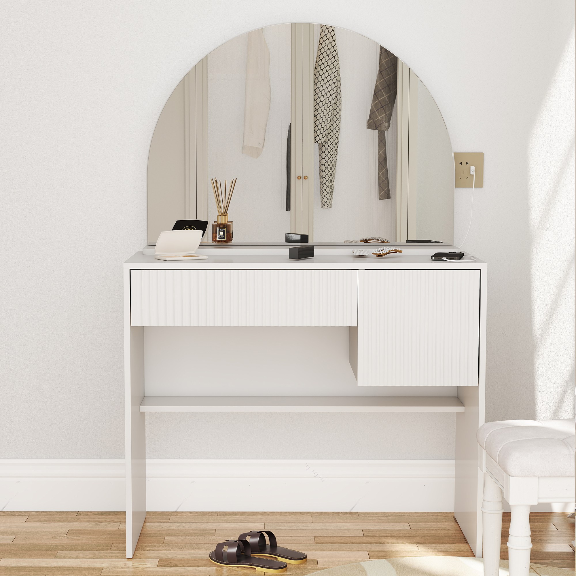 모던 미니멀 아치형 거울 서랍 수납 좌식 화장대 원룸 900