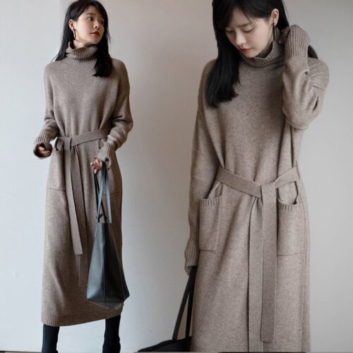 Novastar 여성 가을 겨울 니트 원피스 이너 터틀넥 롱 스웨터 원피스