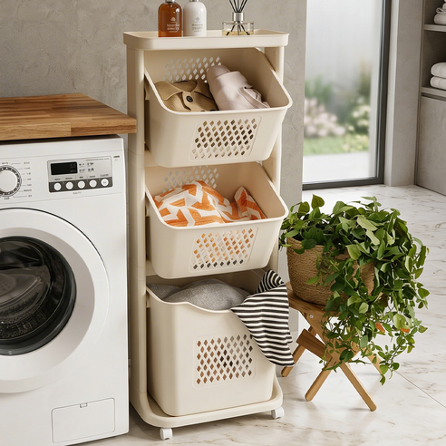 세탁실 정리 끝판왕! 네이쳐리빙 모던 트롤리 스윙 3단 빨래바구니 내돈내산 후기